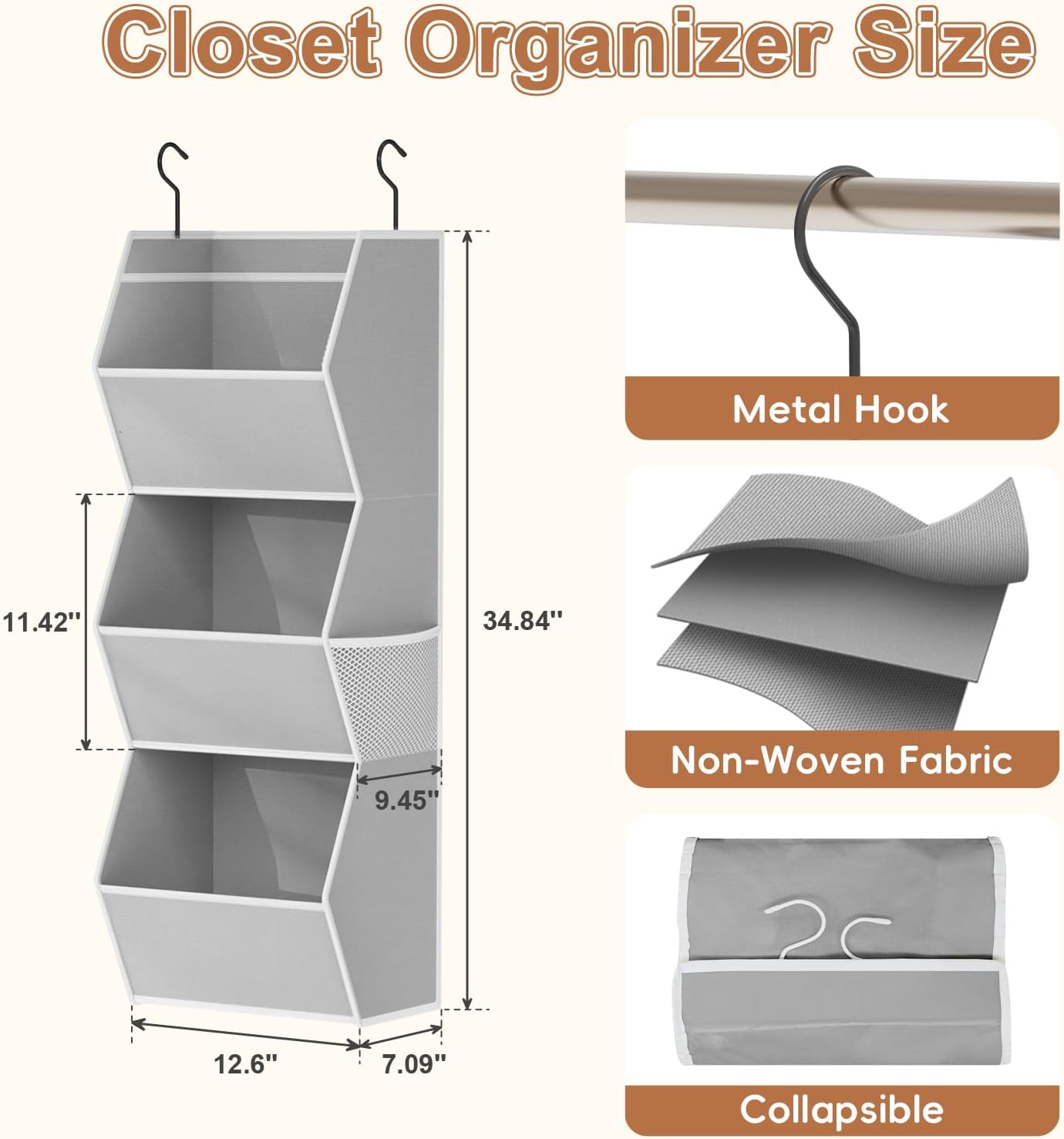 Hanging Closet Organizer 4 Shelf Collapsible Bedroom Closet Organizers and Storage Hanging with Mesh Pockets for Clothes, Fabric Hanging Storage Bins for Wardrobe Closet Organization and Storage, Grey