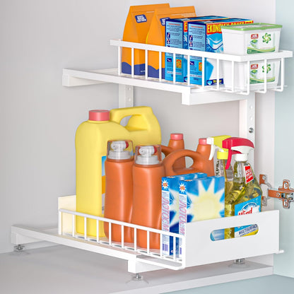 Saydear L-Shaped Under Sink Organizer, 2-Tier Pull-out Cabinet Rack 1-Pack | Black Height-Adjustable Metal Rack, Sliding Grid Drawers with Safety Stopper, Holds 100 Lbs, Ideal Kitchen Cabinet Storage