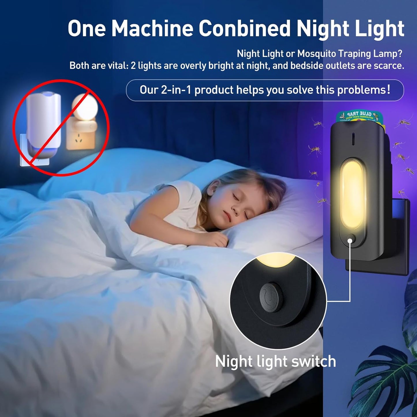 Fruit Fly Trap for Indoors with 10 Refills, 2 in 1 Fly Trap Indoor with Night Light for Home, Gnat Traps for House Indoor, Plug-in Insect Trap for Gnats, Flies, Moths, and Other Bugs-White