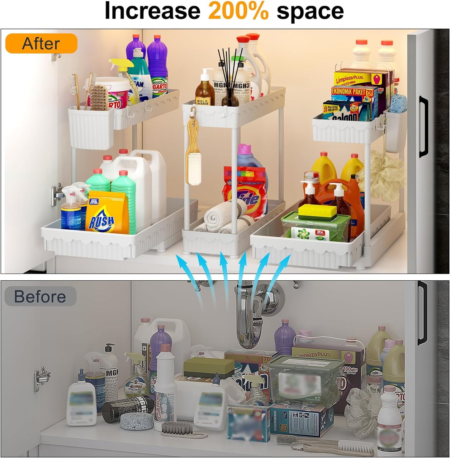 Sevenblue 3 Pack Multi-Purpose Pull-Out Storage Organizers, 2-Tier L-Shaped Under Sink/Cabinet Organizers and Storage for Bathroom & Kitchen, (Black, 12.85 Inches)