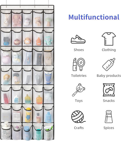 SAVERHO 35 Pockets Over the Door Shoe Organizer, Hanging Shoe Organizer for Door with 35 Mesh Pockets Large Capacity Shoe Hanging Storage Bag with 4 Metal Hooks (White-1Pack)