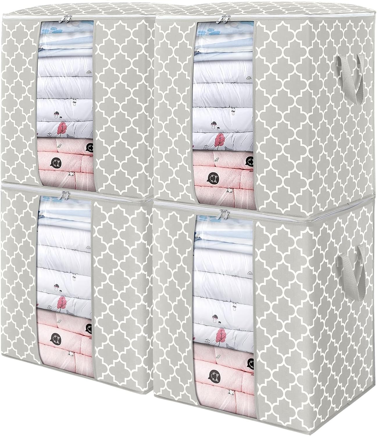 WISELIFE Storage Bags 3 Pack/100L Large Blanket Clothes Organization and Storage Containers for Comforters,Bedding, Foldable Organizer with Reinforced Handle, Clear Window, Sturdy Zippers,Gray