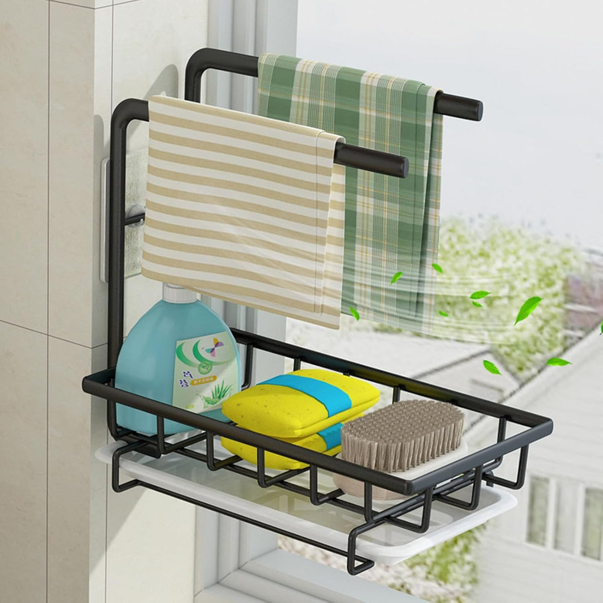 Wall-Mounted and Desktop Kitchen Sponge Draining Rack Black Dishcloth Holder Sink Shelf Home Essentials Storage Organizer for Kitchen Cleaning