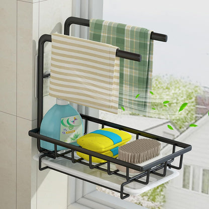 Wall-Mounted and Desktop Kitchen Sponge Draining Rack Black Dishcloth Holder Sink Shelf Home Essentials Storage Organizer for Kitchen Cleaning