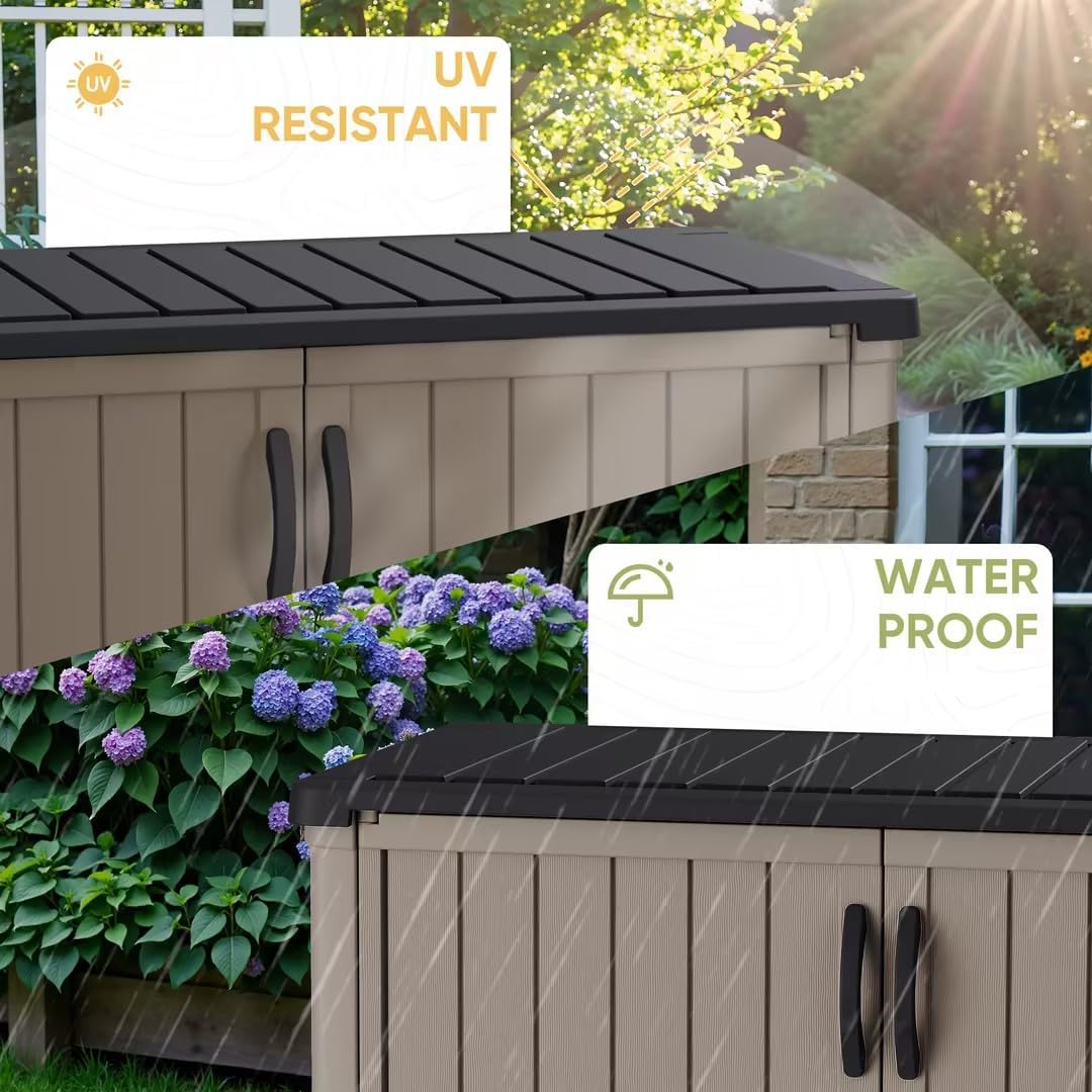 Devoko Outdoor Storage Cabinet 26 Cu Ft with Lockable Doors, Horizontal Storage Shed Waterproof Patio Tools Storage Box for Sofa Cushions, Gardening Tools and Accessories (Beige)