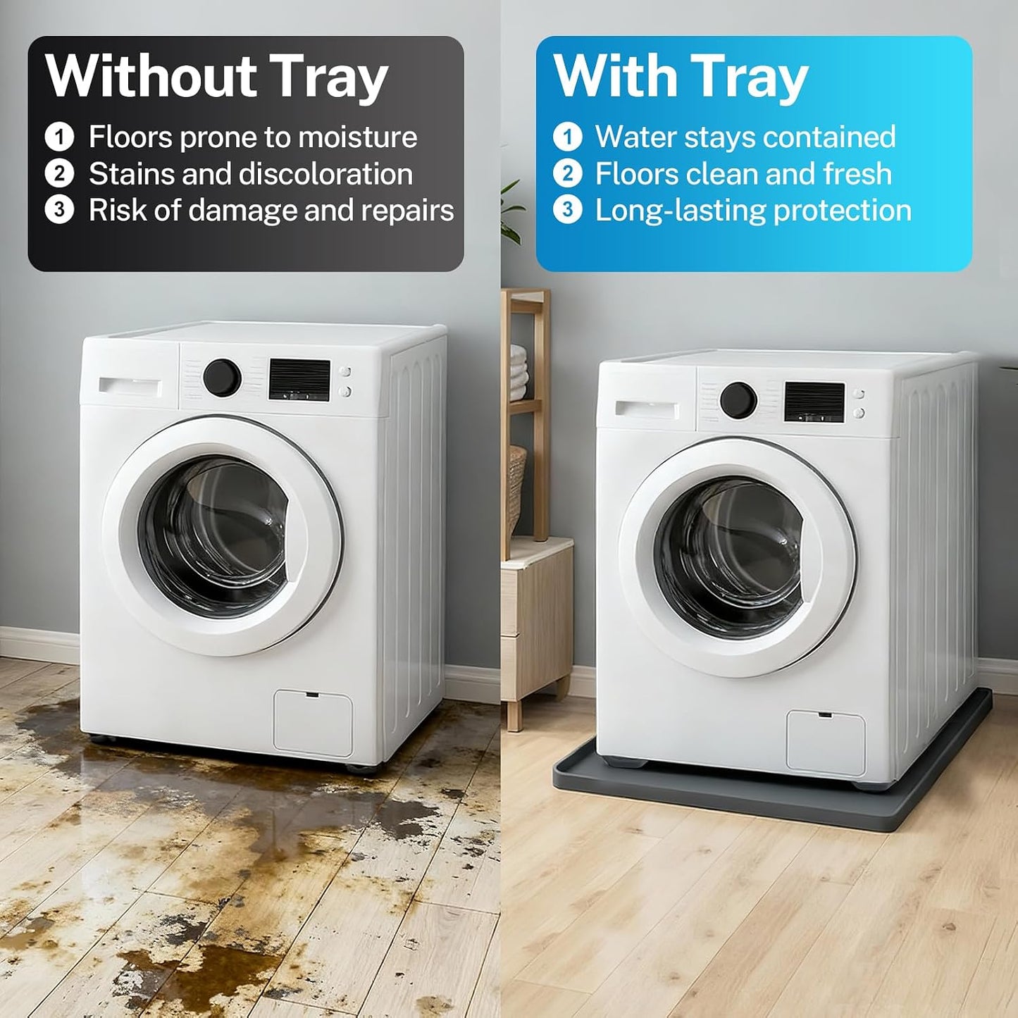27" X 27" Washer Tray for Floor Protection, Washing Machine Drain Pan Silicone Mat with 4Pcs Anti Vibration Pads for Dryer, Washer, Refrigerator