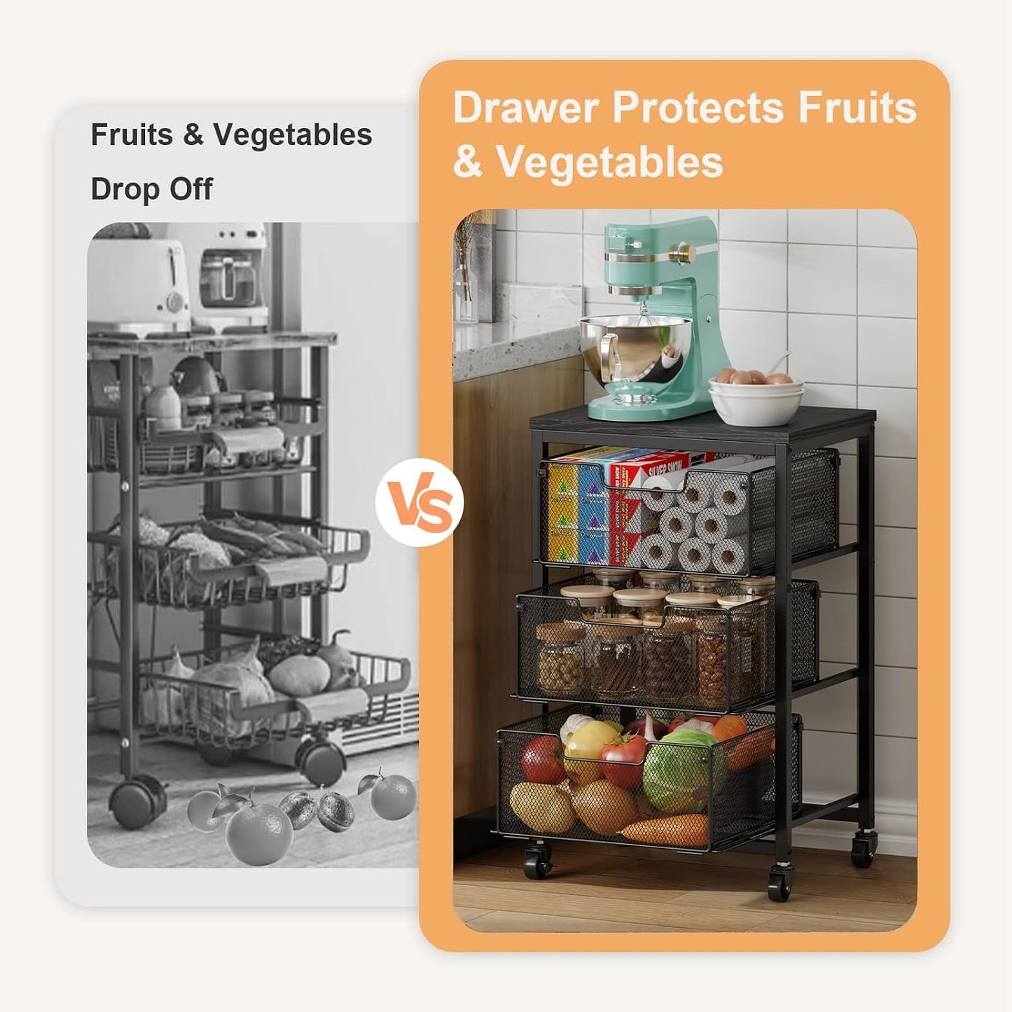 4 Tier Kitchen Rolling Cart, Kitchen Storage Cart with Wheels, Adjust Pantry Organizer and Storage Cart with Drawer, Fruit Vegetable Spice Storage Cart, Wooden Top Metal Kitchen Organizer Rack Stand