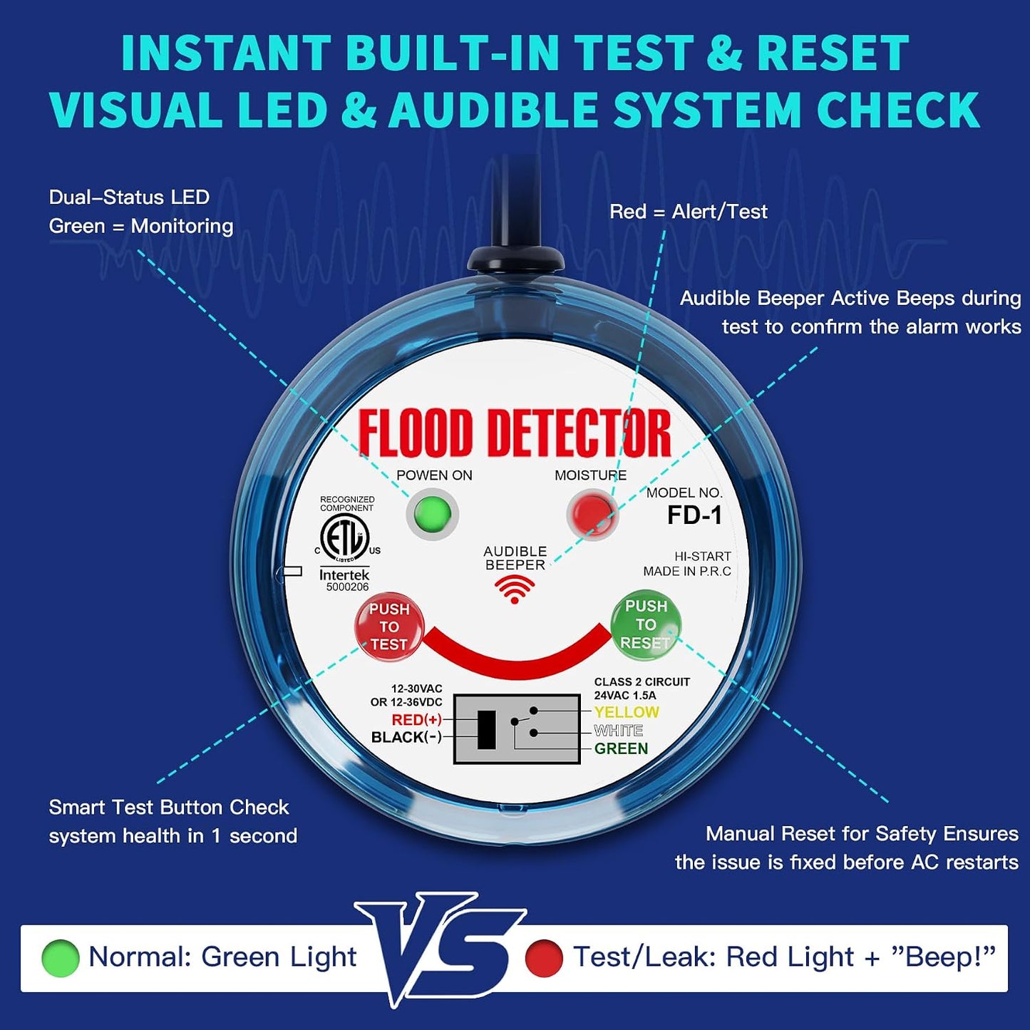 HVAC Flood Sensor Water Leak Detector with Internal Audible Alarm, 12-30V AC/12-36V DC 3A High Load 5-Wire Condensate Overflow Switch for Primary/Secondary Drain Pans, Mini-Splits & Furnaces, ETL