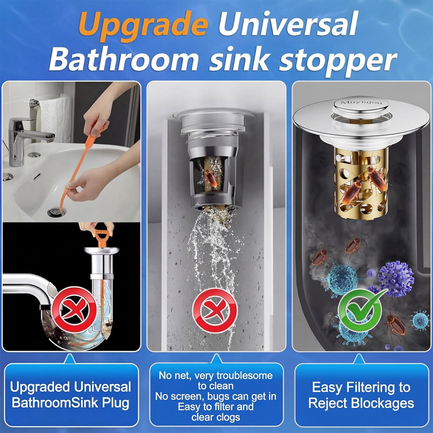1.1"-2.36" Bathroom Stopper Stainless Steel Hair Catcher Silver 1 Pack | pop-up stopper with detachable hair filter, rustproof, easy clean & install, blocks hair to stop drain clogs