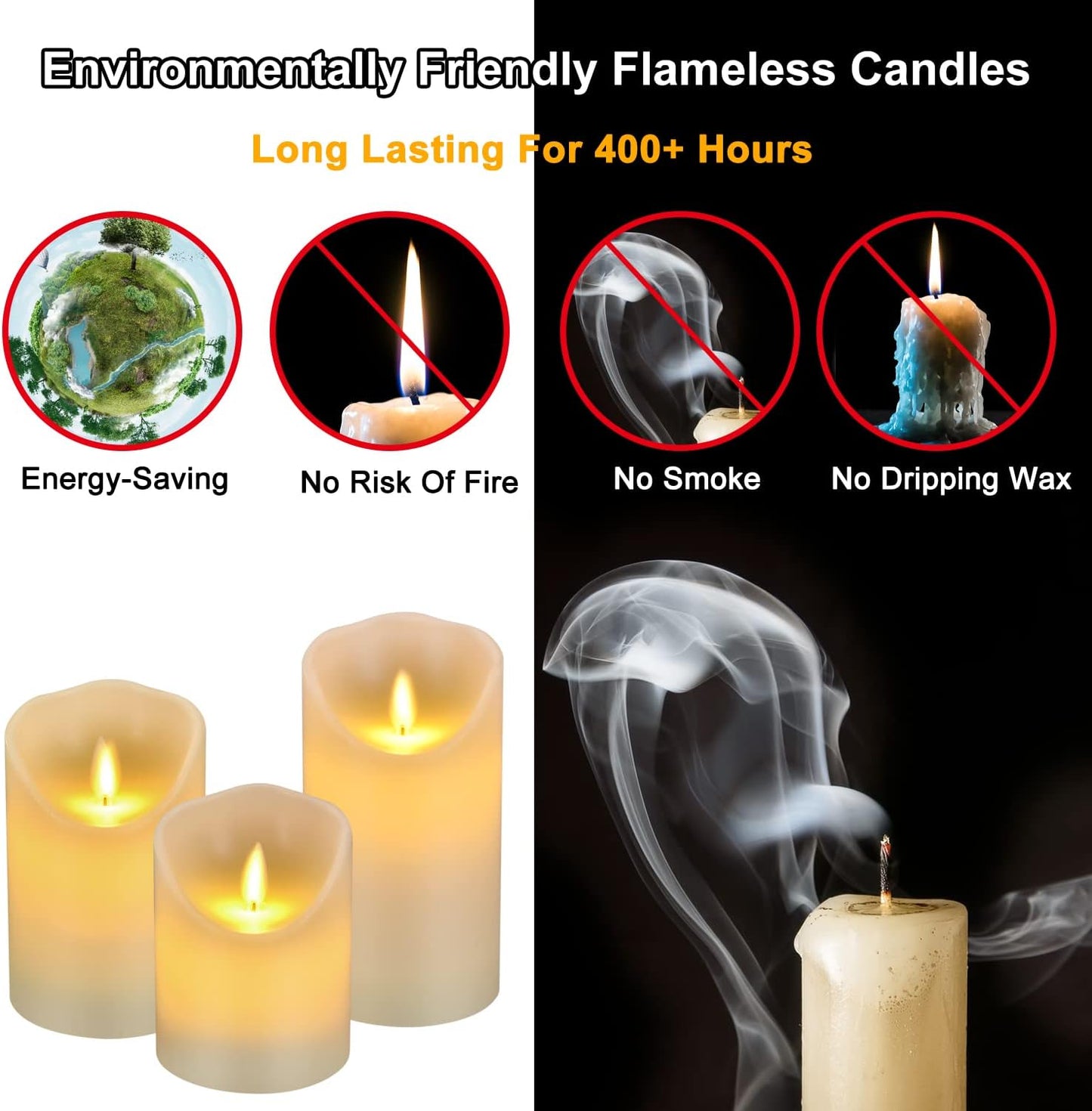 antizer Flameless LED Candles 4" 5" 6" Set of 3 Dripless Real Wax Pillars Include Realistic Flames and 10-Key Remote Control with 24-Hour Timer Function