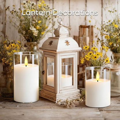 5plots Glass Battery Operated White Flameless Candles with Remote Timer, 3D Wick Real Wax Pillar Led Candles Warm Flickering Light for Indoor Home, Halloween, Christmas Decor, Set of 3, D3 x H4 5" 6"