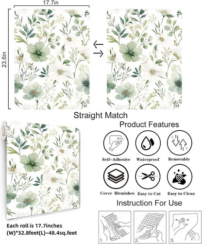 Sage Green Floral Peel and Stick Wallpaper Self Adhesive Removable Modern for Bedroom Accent Wall Renter Friendly Thick Watercolor Natural Flower Wallpaper 17.7" x 118"