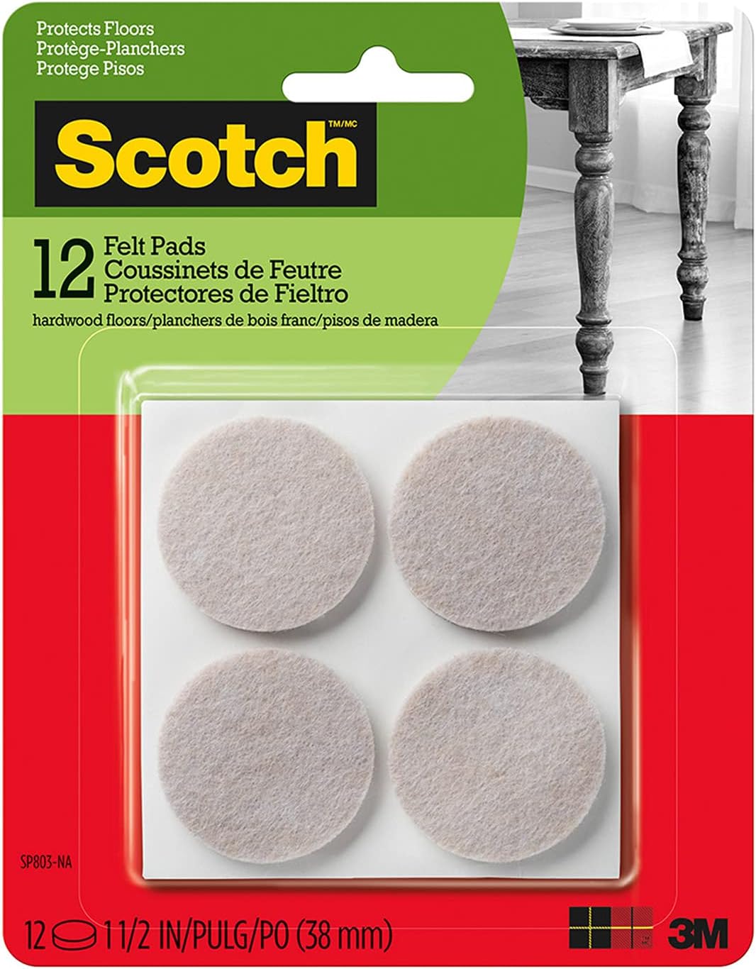 Scotch Felt Pads 12 PCS Beige, Felt Furniture Pads for Protecting Hardwood Floors, 1.5" inch Round, Easy-to-apply, Self-Stick design, Reliable protection from nicks, dents and scratches (SP803-NA)