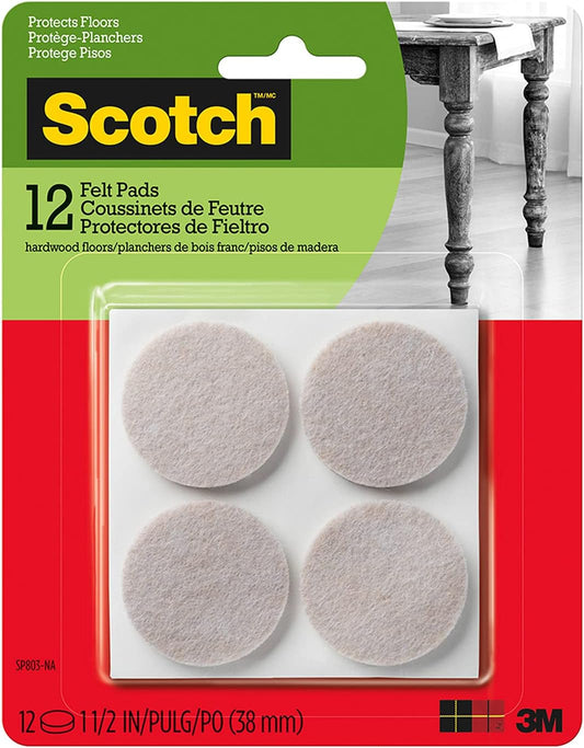 Scotch Felt Pads 12 PCS Beige, Felt Furniture Pads for Protecting Hardwood Floors, 1.5" inch Round, Easy-to-apply, Self-Stick design, Reliable protection from nicks, dents and scratches (SP803-NA)