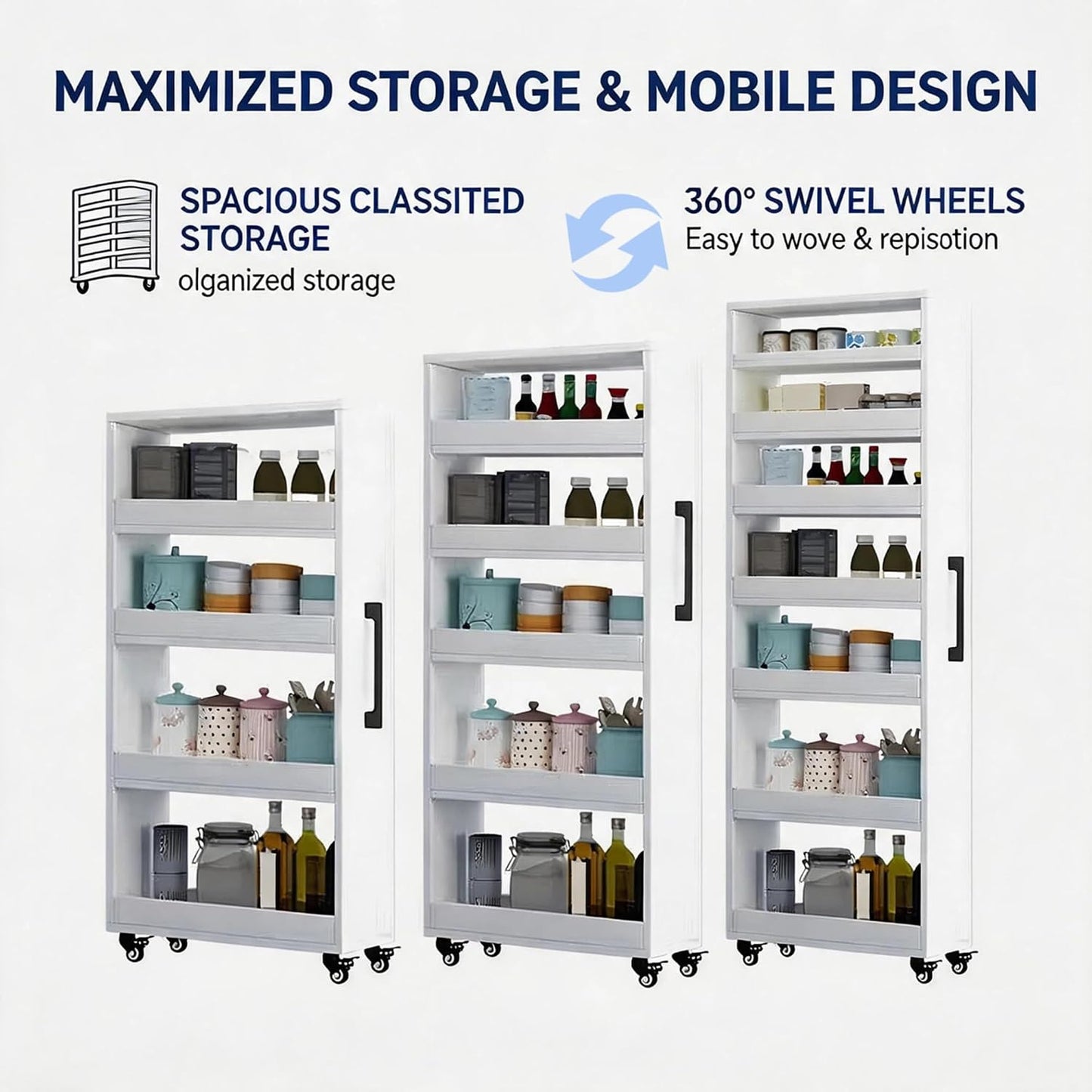 Slim Storage Cart with Wheels, Narrow Shelf Unit for Small Spaces, MDF Skinny Rolling Kitchen Rack with Handle for Laundry Room, Bathroom & Kitchen Gap, Custom Size