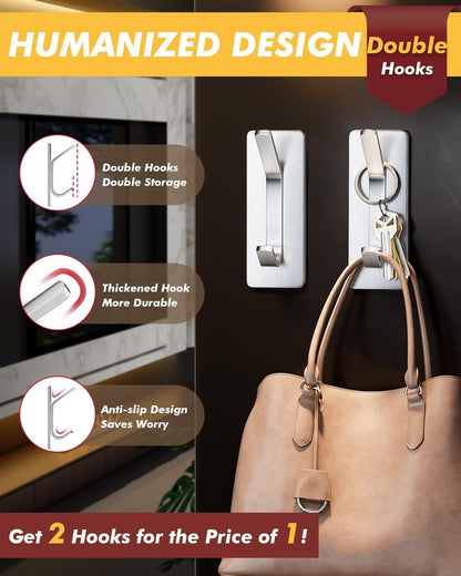 Auxmir Self Adhesive Hooks 15lbs Heavy Duty, 5 Pack Stainless Steel Wall Hooks for Coat Towel Robe, Waterproof Rustproof Oilproof, No Drill Door Hanger for Bathroom Shower Kitchen Office RV, Silver