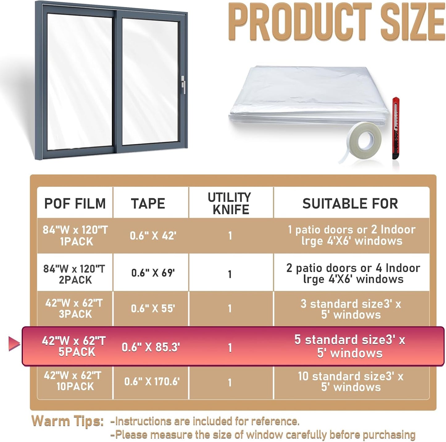 Window Insulation Kit for Winter,Plastic Shrink Film & Strong Tape, Indoor Thermal Seal to Block Drafts, Cold Air for Windows and Patio Doors,5-Pack(42"W x 62"T)