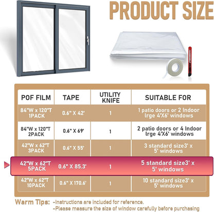 Window Insulation Kit for Winter,Plastic Shrink Film & Strong Tape, Indoor Thermal Seal to Block Drafts, Cold Air for Windows and Patio Doors,5-Pack(42"W x 62"T)