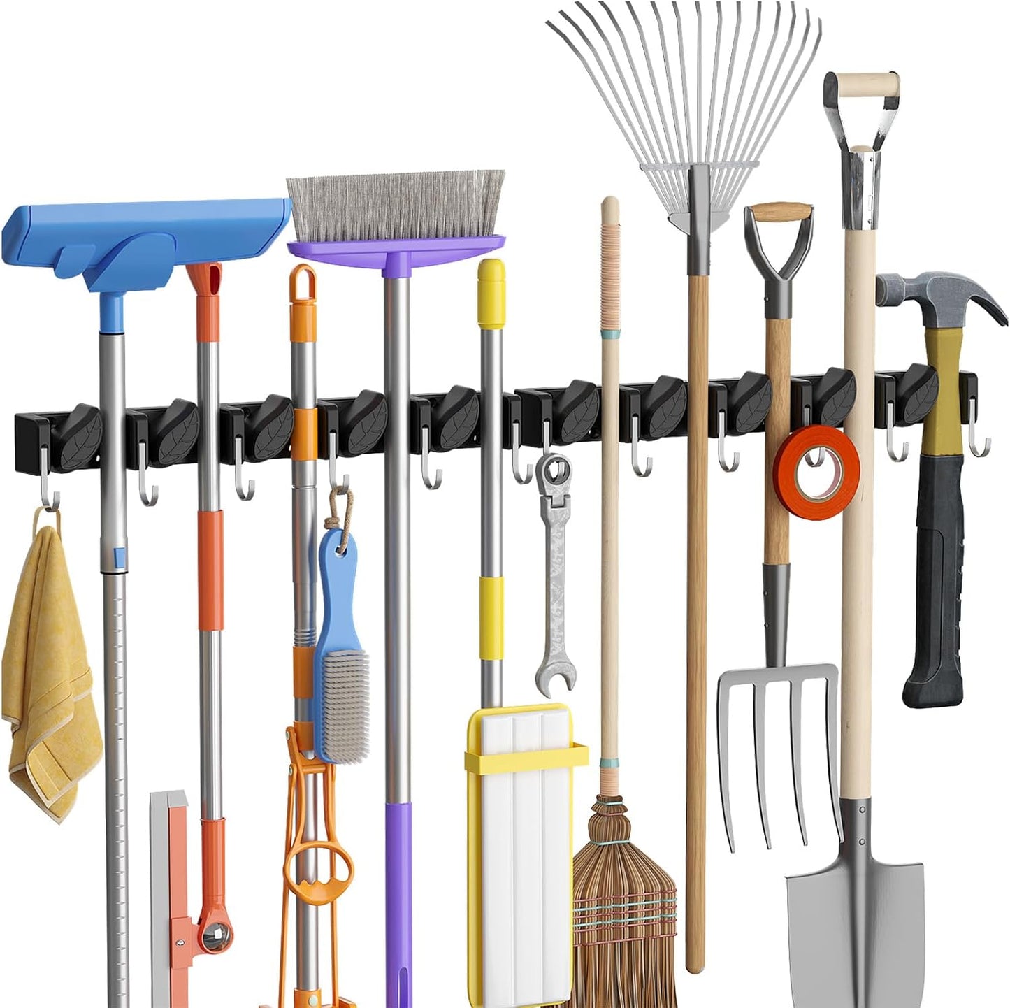 Lifewit Broom and Mop Holder Wall Mount, Non-Slip Cleaning Tool Hanger Organizer with 6 Hooks 5 Slots, Heavy Duty Hanging Broom Utility Rack for Kitchen, Garden, Garage, Laundry, 1 Pack, Black