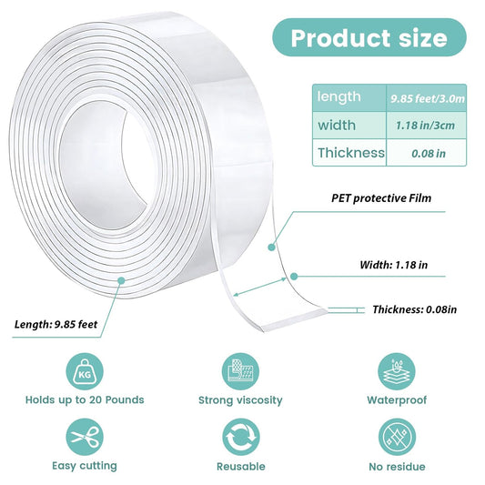 Double Sided Nano Tape Heavy Duty, Strong Sticky Extra Large (1.18in x 9.85Ft ) Removable Mounting Tape, Clear Multipurpose Wall Decor Adhesive Tape for Poster, Picture Hanging, Carpet, Photos Frames