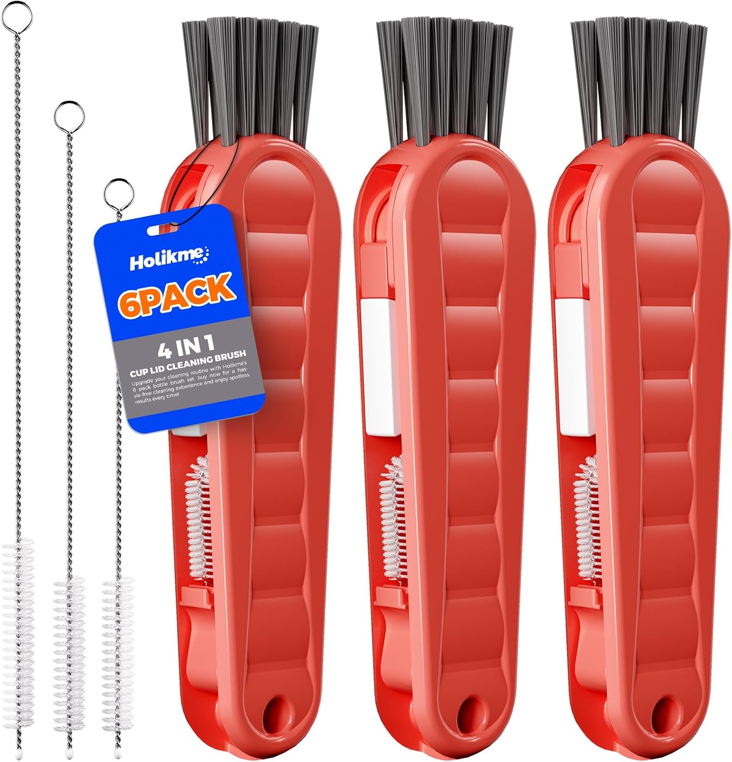 6 Pack Holikme 4 in 1 Cup Lid Cleaning Brush Set with 3 Straws, Multifunctional Bottle Brush, Silicone Cup Lid Gap Cleaner, Bristle Crevice Cleaning Brush, Flat End Brushes, Navy & Black & Olive