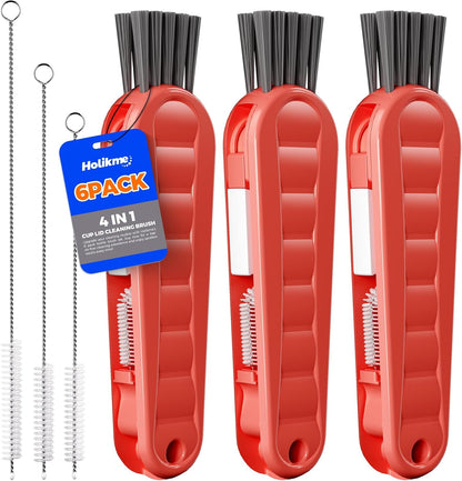 6 Pack Holikme 4 in 1 Cup Lid Cleaning Brush Set with 3 Straws, Multifunctional Bottle Brush, Silicone Cup Lid Gap Cleaner, Bristle Crevice Cleaning Brush, Flat End Brushes, Navy & Black & Olive