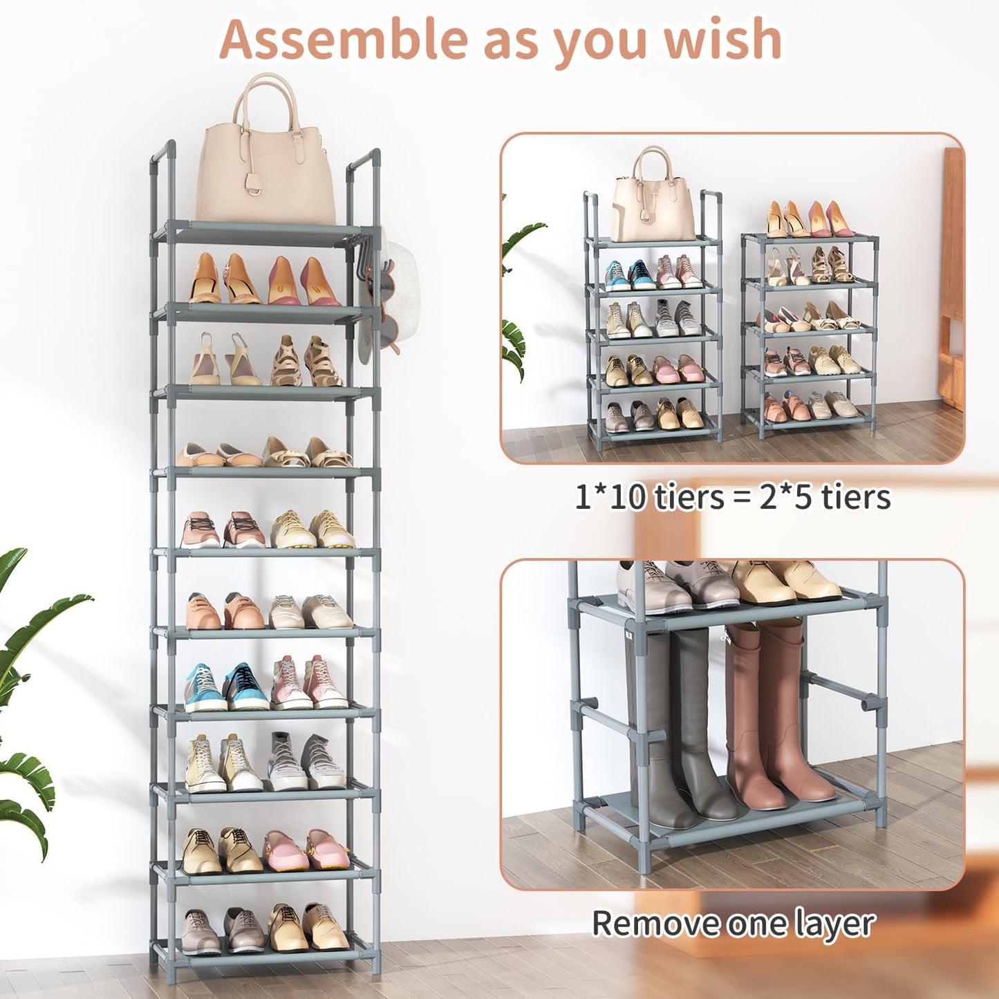 LANTEFUL 10 Tiers Tall Shoe Rack 20-25 Pairs Boots Organizer Storage Sturdy Narrow Shoe Shelf for Entryway, Closets with Hooks, Black