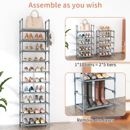 LANTEFUL 10 Tiers Tall Shoe Rack 20-25 Pairs Boots Organizer Storage Sturdy Narrow Shoe Shelf for Entryway, Closets with Hooks, Black