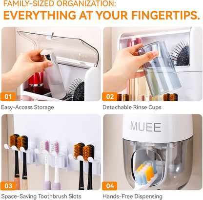 Toothbrush Holder Wall Mounted with Automatic Toothpaste Dispenser, Dustproof Flip Cover and Inverted Cup Slots, Multi-Functional No-Drill Bathroom Organizer for Family, Space Saver (3 Cups)