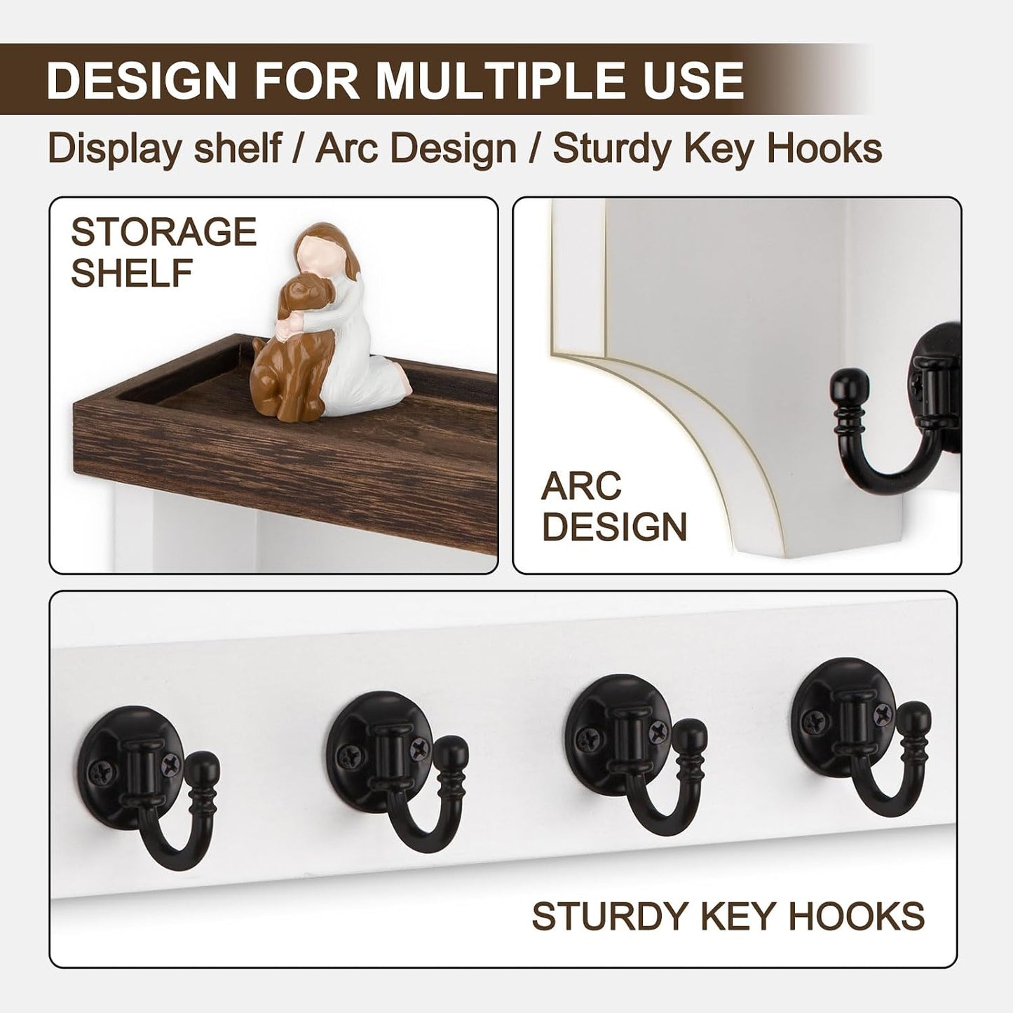 Key and Mail Holder Wall Mount, Key Holder with Shelf and Mail Organizer Wall Mount. Mail Holder with 5 Hooks for Coat, Dog Leash, Home Decor Rack, Entry Way Organizer (White)