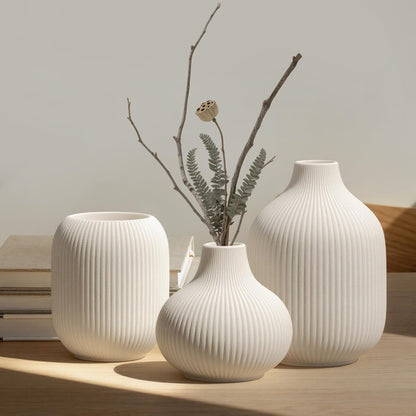White Ceramic Flower Vases Set of 3, Modern Matte Vertical Ribbed, Nordic Minimalist Decor for Pampas, Dried & Fresh Flowers, Centerpiece for Living Room, Shelf, Entryway, Wedding,Office