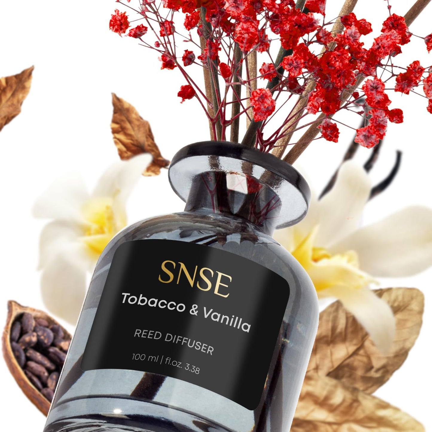 SNSE Tobaco & Vanilla with Flowers Perfumed Reed Diffuser Set | 3.38 oz Scent Fragrance Oil Diffuser for Bedroom, Bathroom, Home Décor and Gift, Decorative Air Fresheners with Sticks