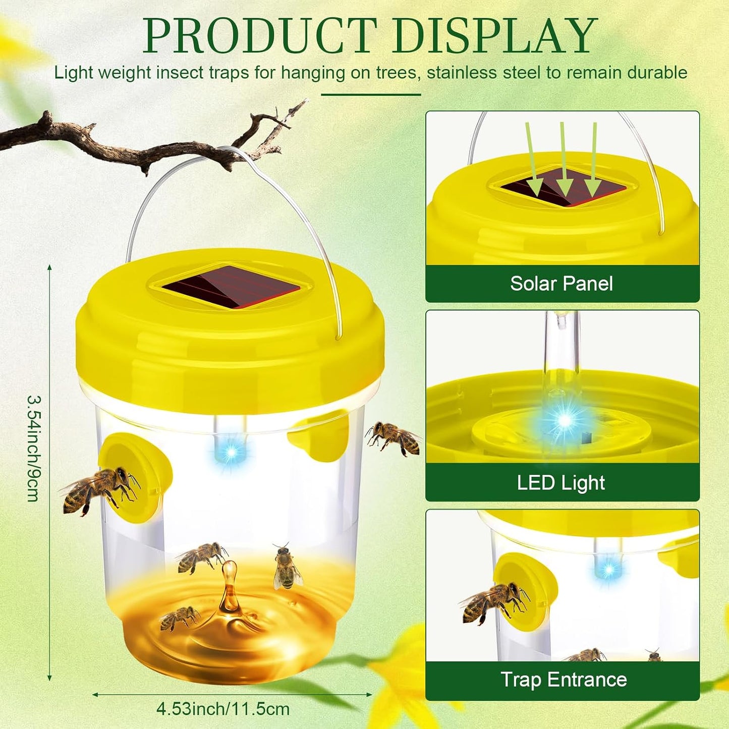 Wasp Trap Solar Powered Bee Trap Reusable Fly Traps Outdoor Hanging Wasp Killer with UV LED Light Flying Insects Bee Killer for Indoor Outside Patio Garden Home (6, Yellow)
