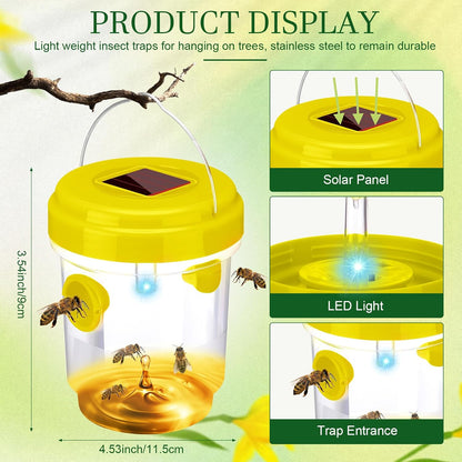 Wasp Trap Solar Powered Bee Trap Reusable Fly Traps Outdoor Hanging Wasp Killer with UV LED Light Flying Insects Bee Killer for Indoor Outside Patio Garden Home (6, Yellow)