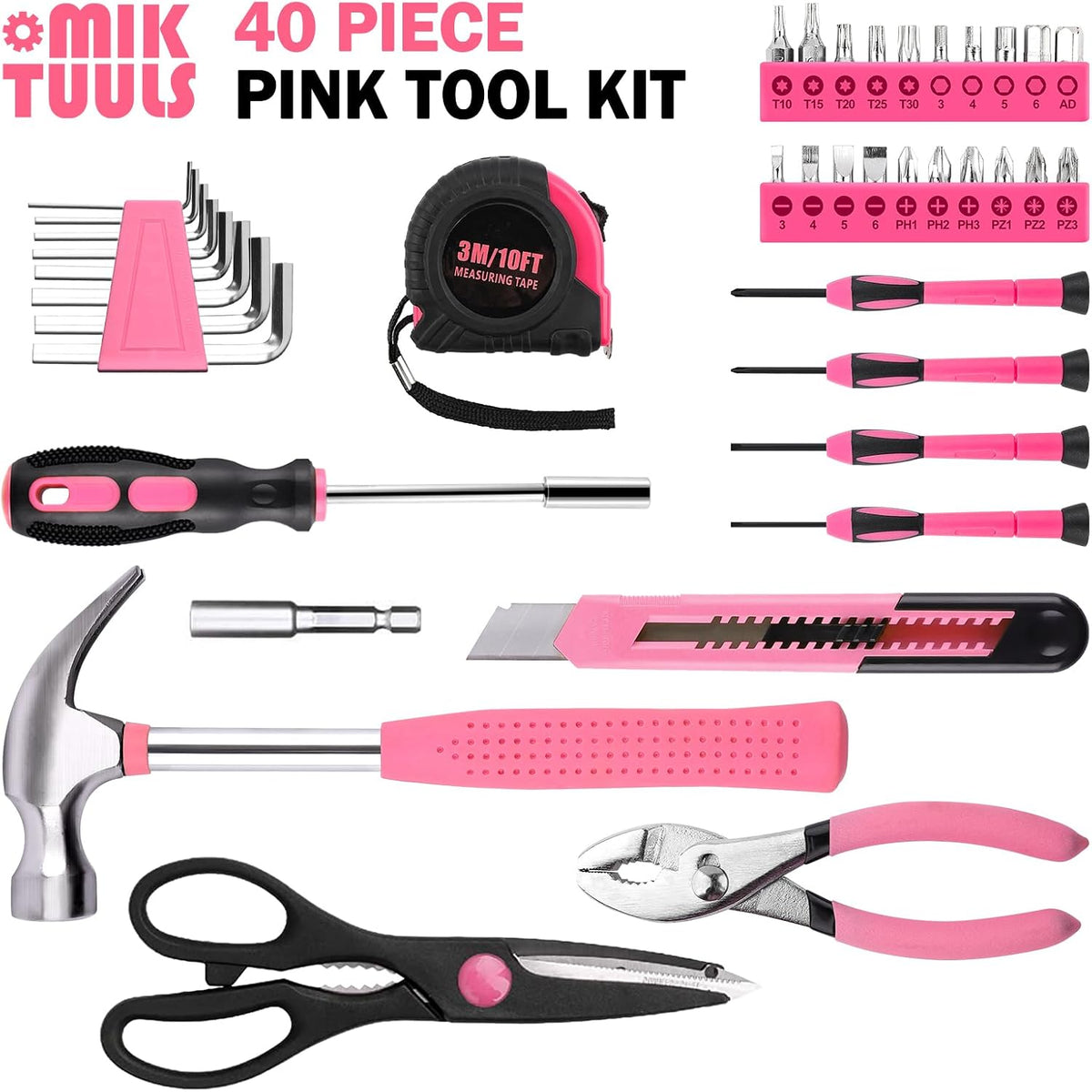 40PCS Tool Set , Small Tool Kit, General Household Tool Box for Home Repair, Ideal Gift Choice (Pink)