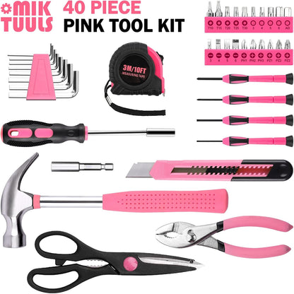 40PCS Tool Set , Small Tool Kit, General Household Tool Box for Home Repair, Ideal Gift Choice (Pink)