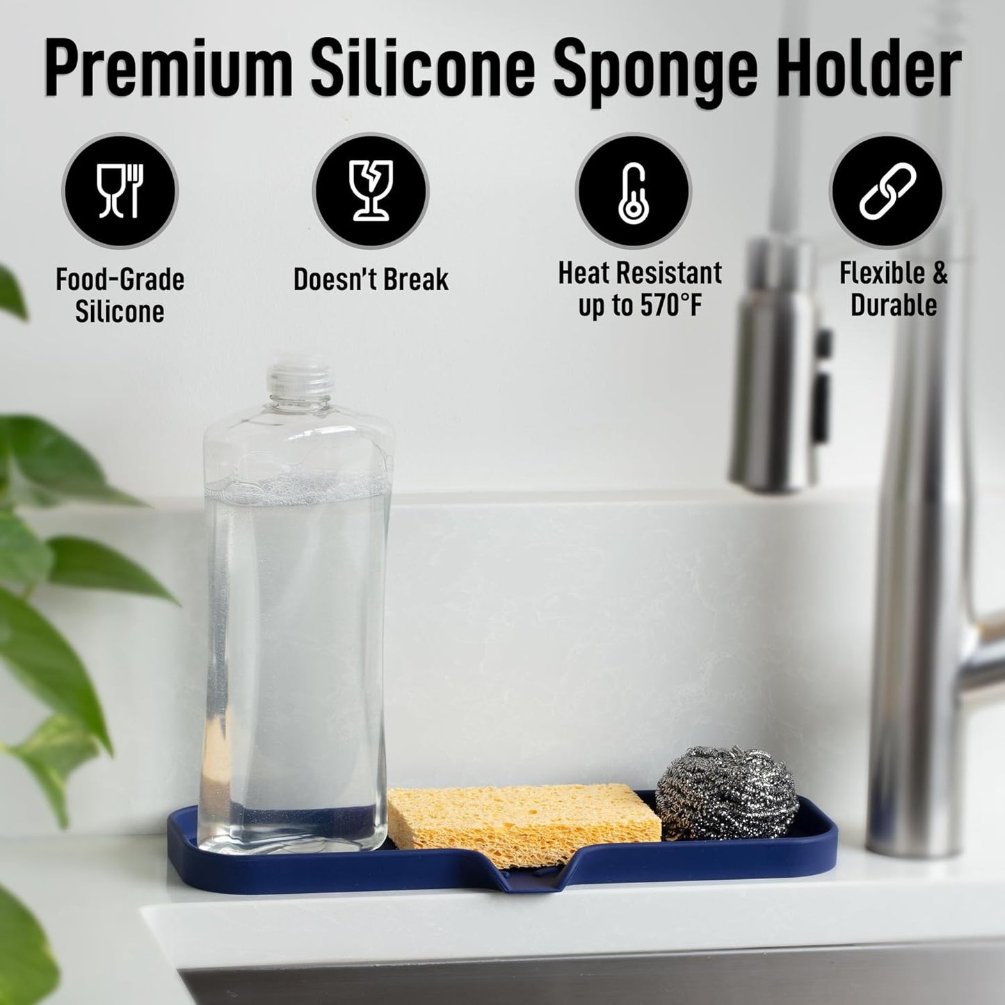 Zulay Kitchen (9x3.5in) Sponge Holder for Kitchen Sink - Flexible Heavy-Duty Multipurpose Sink Caddy - Counter Organizer for Kitchen, Bathroom, Makeup, Trinkets & More! (Grey)