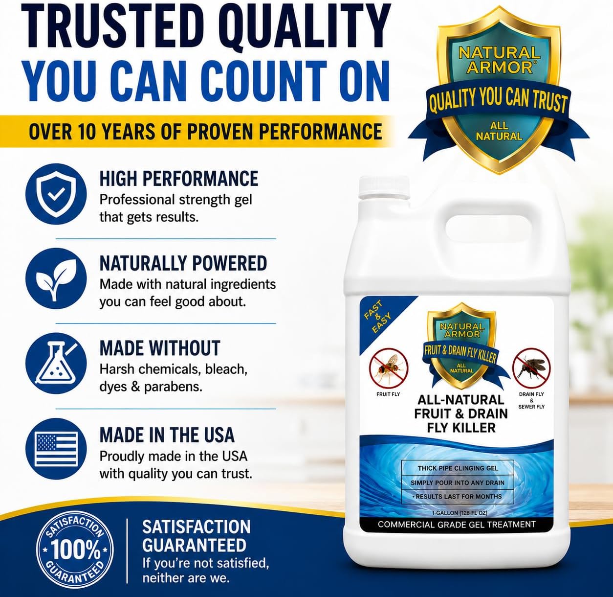 Natural Armor Drain Fly & Fruit Fly Killer (128oz Gallon) | Eliminates Gross Fruit, Drain, Sewer & Gnat Infestations from Any Drain - Simple, Easy to Use - Sewer & Septic Safe