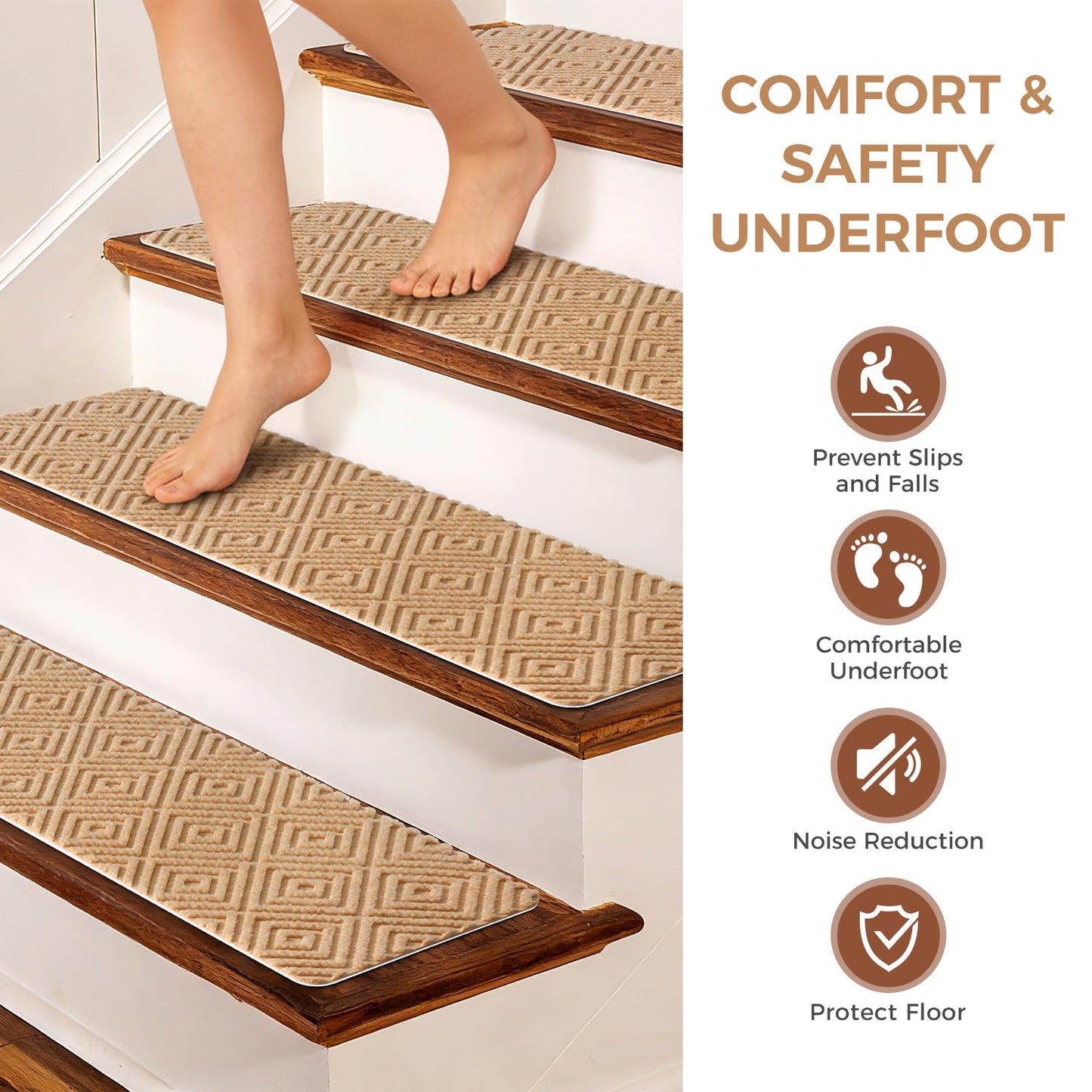 BAGAIL 15 Pack Non-Slip Stair Treads for Wooden Steps, 8"x30" Peel and Stick Carpet Stair Runners, Machine Washable Indoor Step Covers with No-Residue Adhesive for Dogs, Kids & Elderly - Bluish Grey