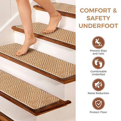 BAGAIL 15 Pack Non-Slip Stair Treads for Wooden Steps, 8"x30" Peel and Stick Carpet Stair Runners, Machine Washable Indoor Step Covers with No-Residue Adhesive for Dogs, Kids & Elderly - Bluish Grey