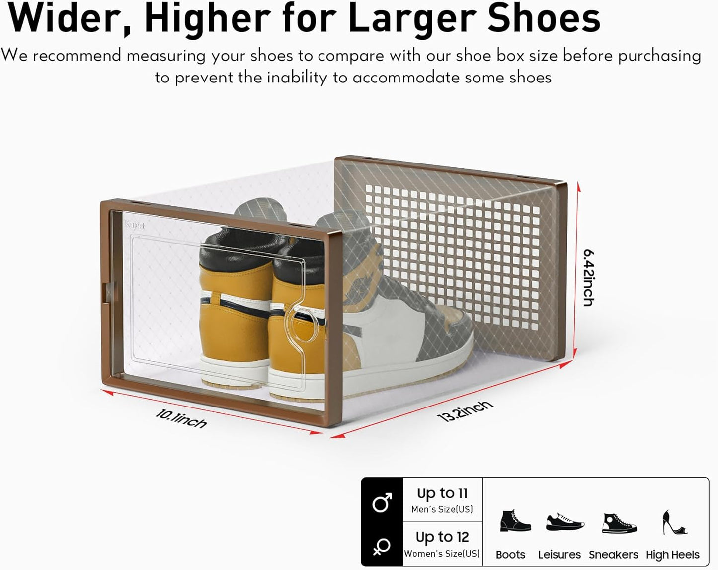 Kuject X-Large Shoe Storage Boxes Organizers for Closet 12 Pack, Fit Size 11,Clear Plastic Stackable Sneaker Containers for Entryway, Space Saving Shoe Rack, Brown