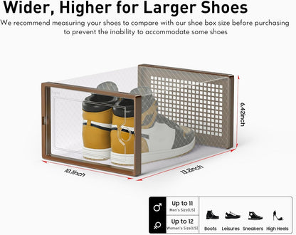Kuject X-Large Shoe Storage Boxes Organizers for Closet 12 Pack, Fit Size 11,Clear Plastic Stackable Sneaker Containers for Entryway, Space Saving Shoe Rack, Brown