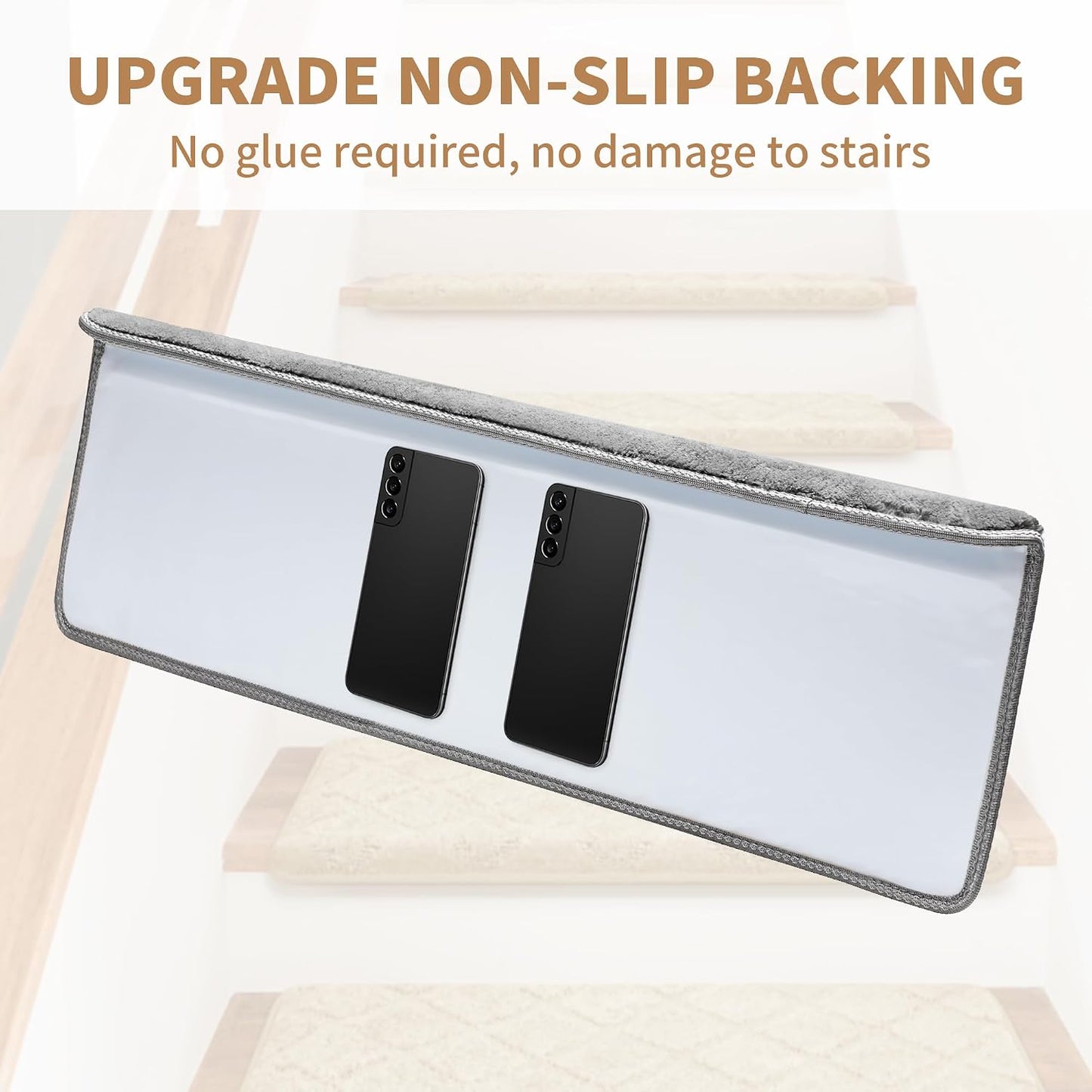 Bullnose Stair Treads Non Slip 9.5" x 32", 14 Pcs Ultra Plush Carpet Stair Treads for Wooden Steps Indoor with Edge Protection, Reusable Peel and Stick TPU Backing Stair Runner Rugs - Beige Gray