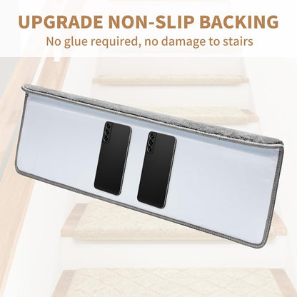 Bullnose Stair Treads Non Slip 9.5" x 32", 14 Pcs Ultra Plush Carpet Stair Treads for Wooden Steps Indoor with Edge Protection, Reusable Peel and Stick TPU Backing Stair Runner Rugs - Beige Gray