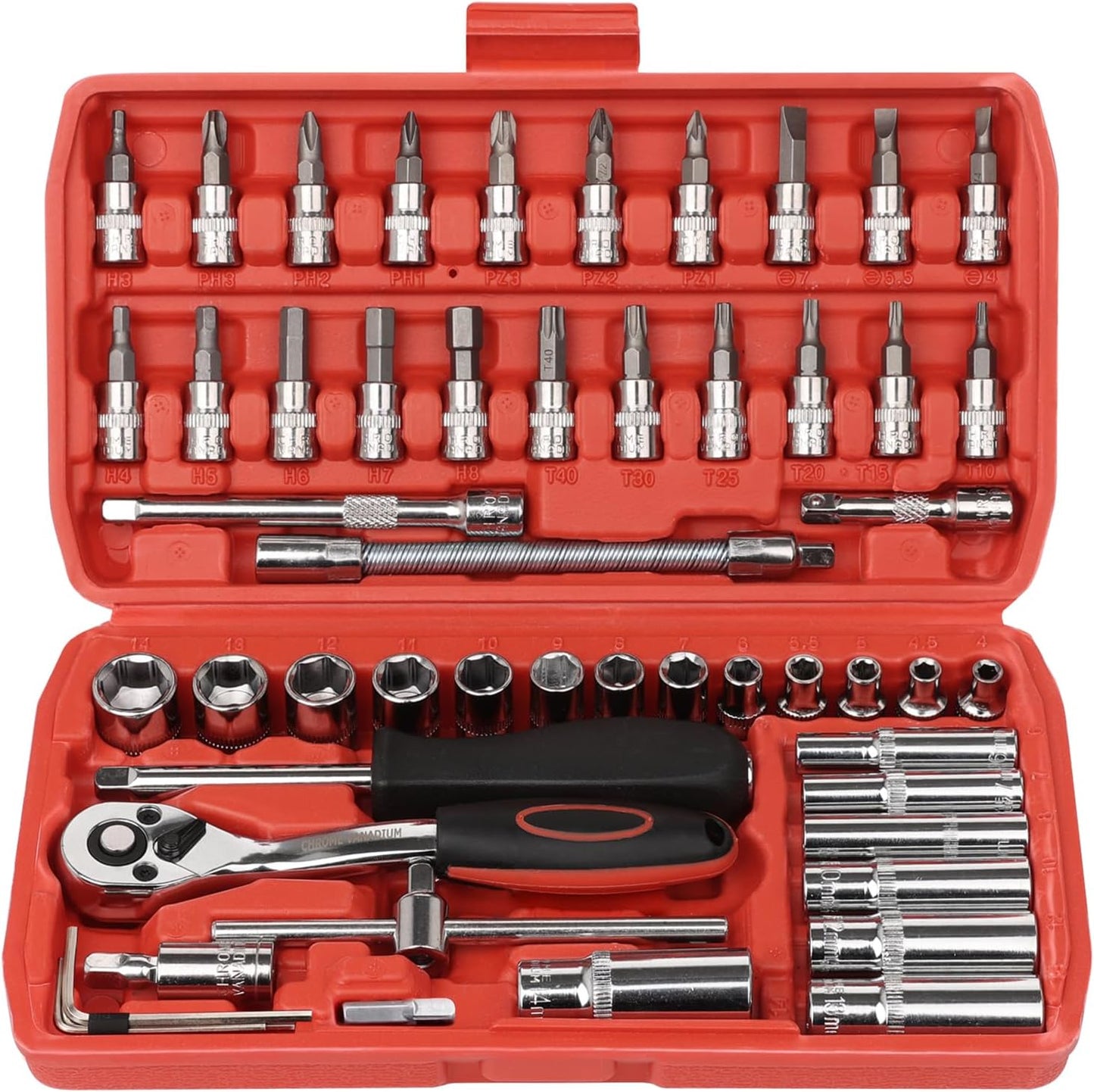 Egofine 46 Pieces 1/4 inch Drive Socket Ratchet Wrench Set, with Bit Socket Set Metric and Extension Bar for Auto Repairing and Household, with Storage Case