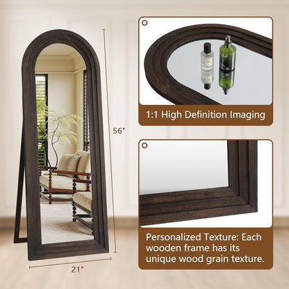 MELOMOIR Arched Full Length Mirror with Solid Wood Frame, 56"x21" Rustic Farmhouse Floor Mirror with Stand, Free Standing Leaning Hanging, for Bedroom Living Room Dressing Room Entryway, Brown