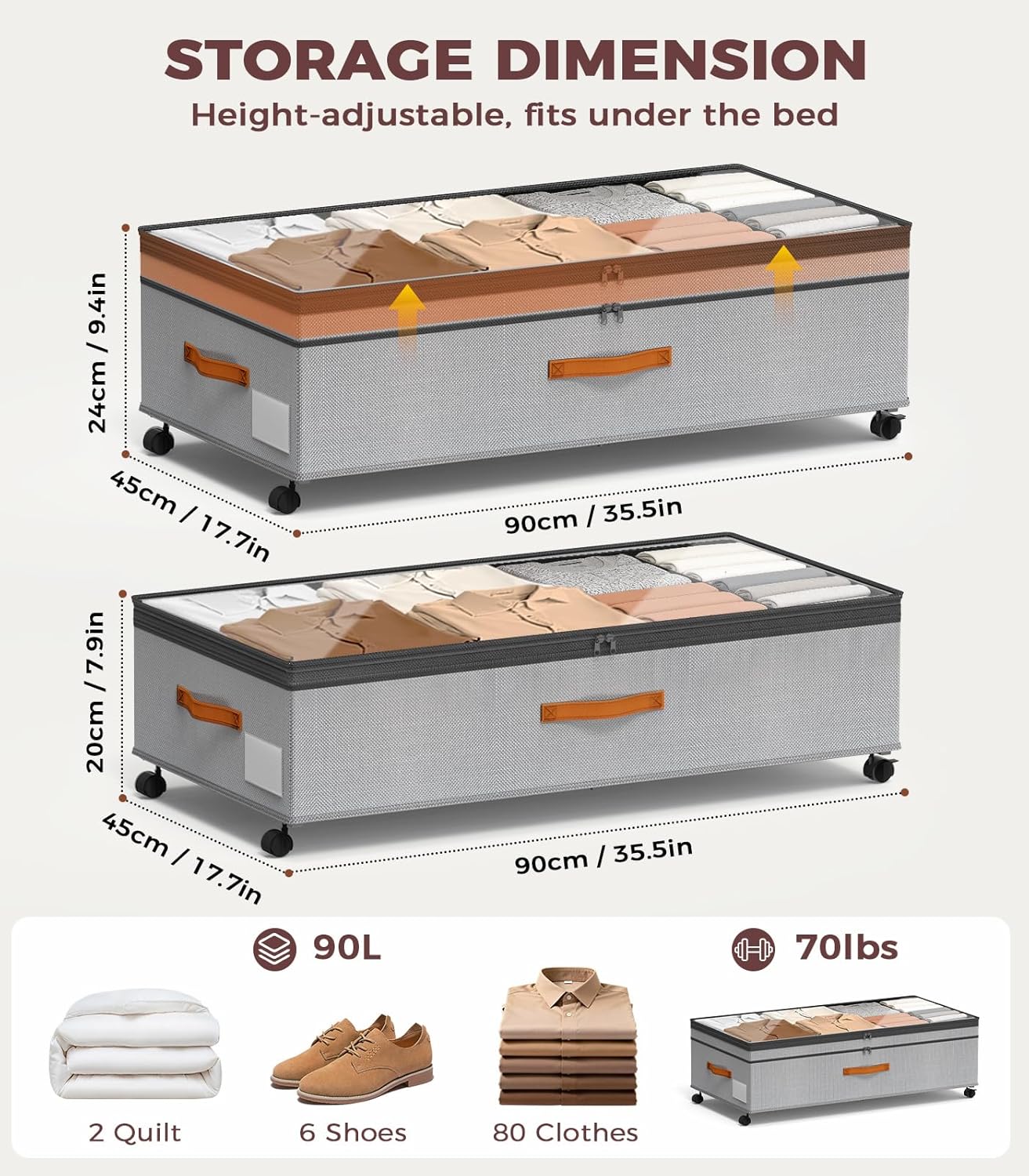 Under Bed Storage with Wheels, 35.5 inches Underbed Storage Large Capacity Under Bed Rolling Containers, 2 Pack Under the Bed Storage for Clothes, Shoes, Blankets (Deep Black)