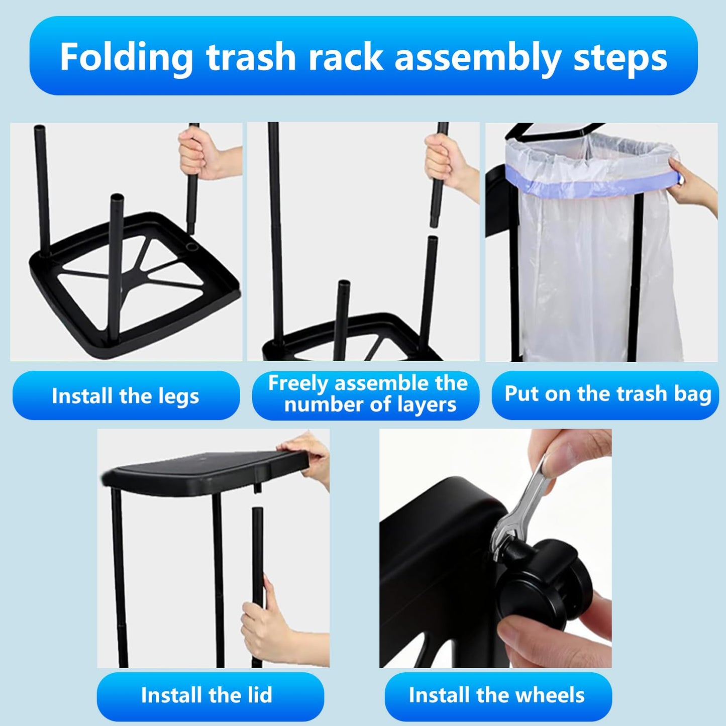 Foldable Trash Bag Holder with Cover and 4 Wheels - 3 Level Adjustable Height Plastic Trash Bag Holder, 13 Gallon Trash Can, for Kitchen Camping Yard RV Indoor Outdoor