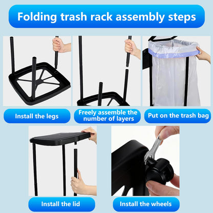 Foldable Trash Bag Holder with Cover and 4 Wheels - 3 Level Adjustable Height Plastic Trash Bag Holder, 13 Gallon Trash Can, for Kitchen Camping Yard RV Indoor Outdoor