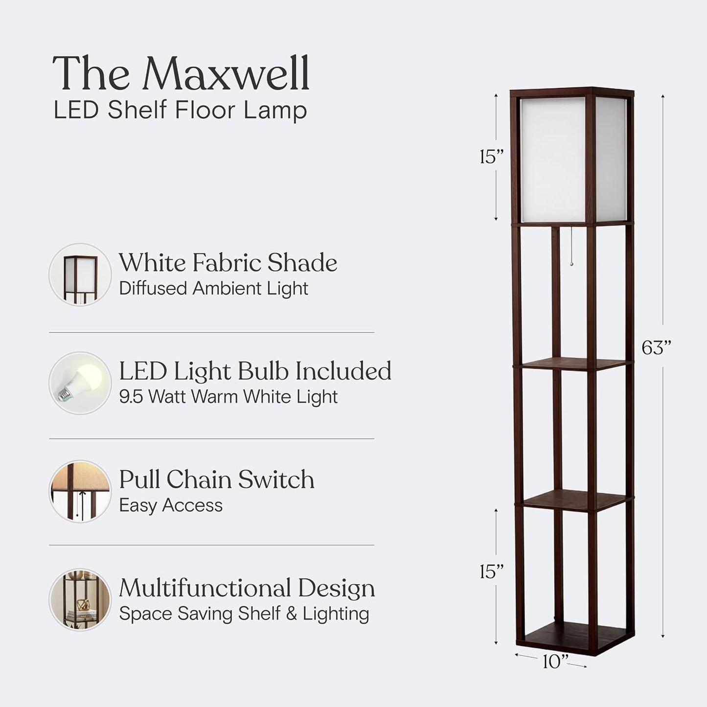 Brightech Maxwell - Modern Shelf Floor Lamp with Lamp Shade & Warm White LED Bulb, Corner Display Floor Lamp with Shelves for Living Room, Bedroom, Nightstand Office, Home Decor Storage - Natural Wood